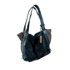 Black Leather Suede Shoulder Bag Large With Zipper & Magnetic Closure Tiangello
